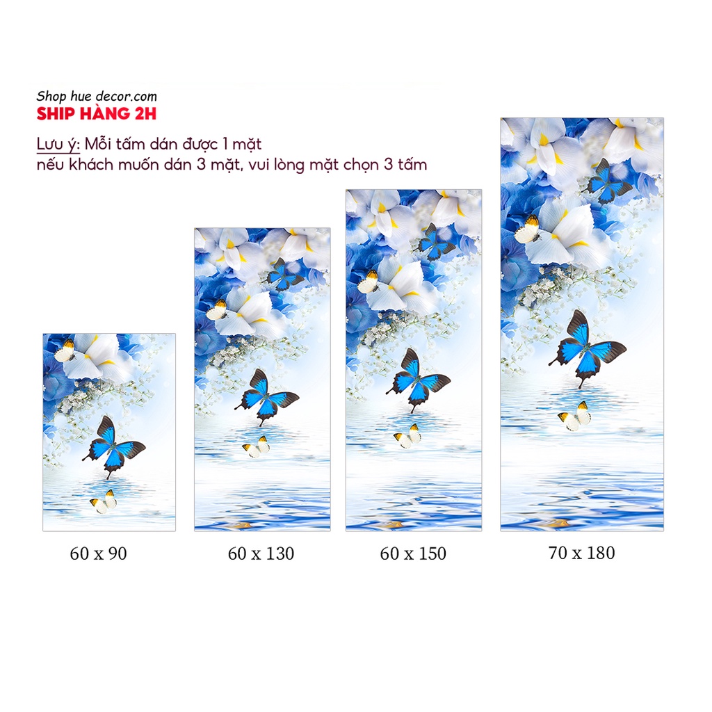 Giấy dán tủ lạnh -Máy giặt 3D Hoa Bướm Xanh HUE DECOR - chống nước, nấm mốc phù hợp với mọi không gặt