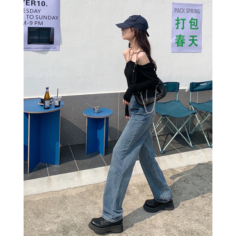 Quần jeans Nữ Lưng Cao Ống Rộng Thời Trang Hàn Quốc Cá Tính