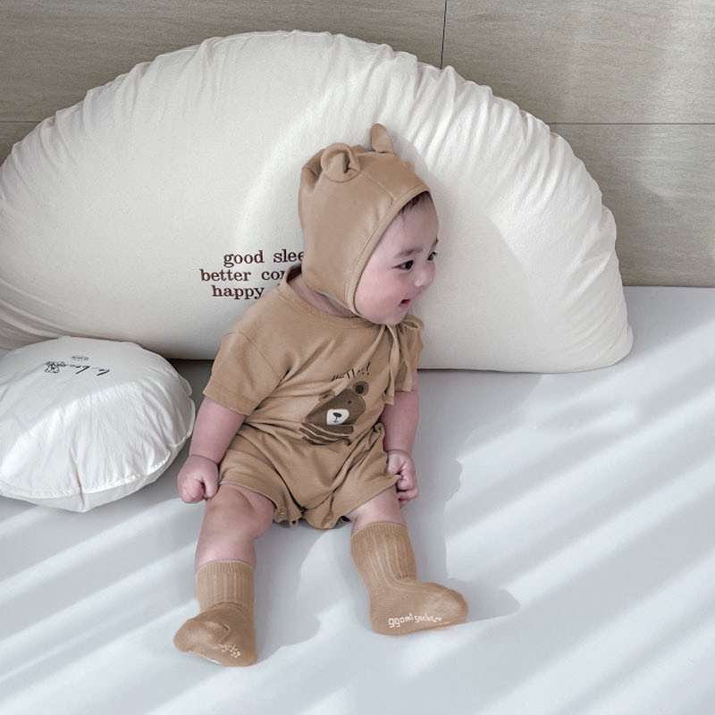 Bộ body gấu Hello kèm mũ tai gấu  siêu dễ thương cho bé trai bé gái Hokiha Kid chất cotton mềm mại size 3-10kg TE301