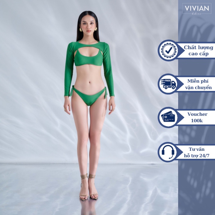 Đồ bơi nữ cao cấp 𝐕𝐈𝐕𝐈𝐀𝐍 dạng hai mảnh áo chữ U phối áo cover tay dài sexy - Xanh lá cây - VS180_GN