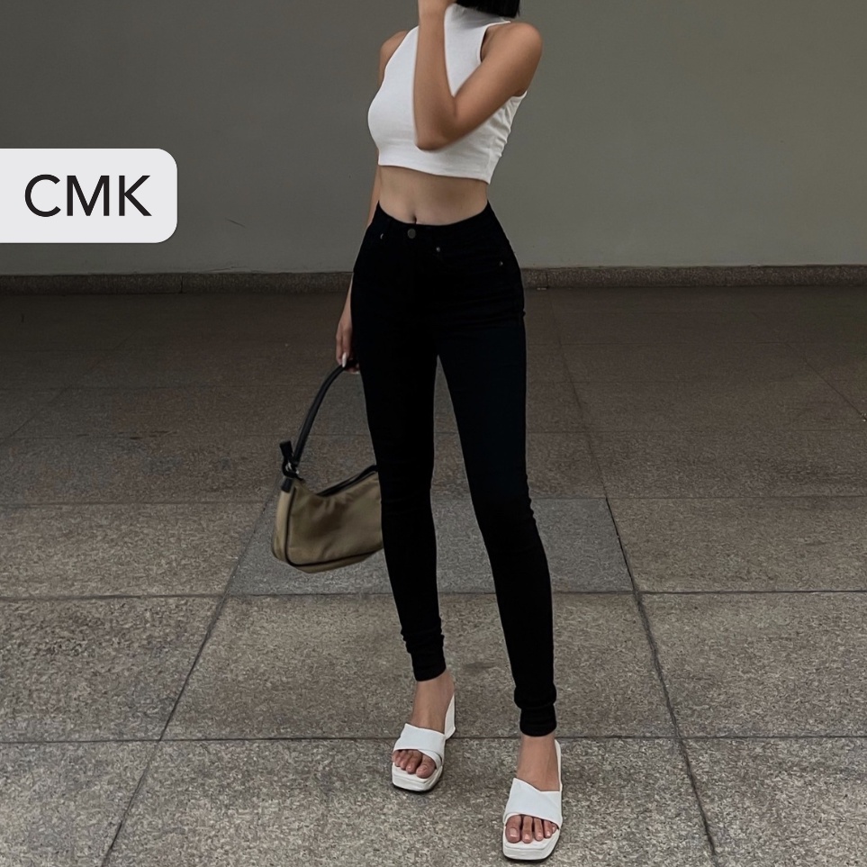 Quần skinny jean nữ màu đen CHICMONKI lưng cao chất siêu co giãn dày dặn CMJ1103