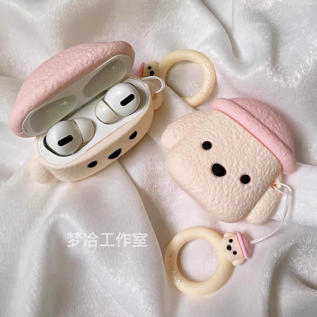 Vỏ Bảo Vệ Hộp Sạc Tai Nghe Bluetooth AirPods 1 / 2 / Pro Gắn Móc Khóa Hình Chú Chó Teddy Màu Hồng Dễ Thương