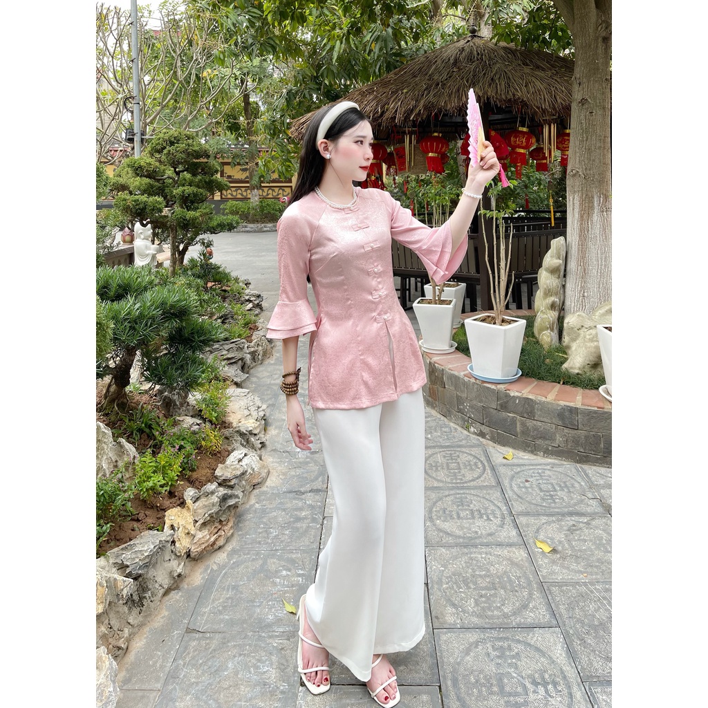 Đồ Lam Đi Chùa Nữ - Bộ áo gấm tay loe  Không Nhăn, Không Bai Giãn, Không Phai Màu