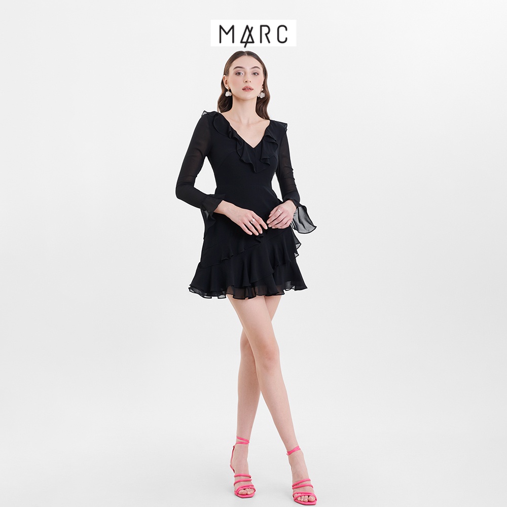 Đầm nữ MARC FASHION mini cổ tim tay dài phối bèo TRSH023123