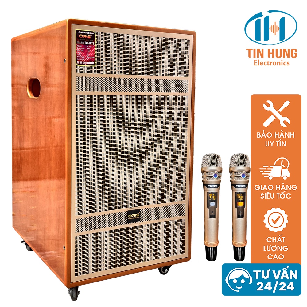 Loa kéo karaoke bluetooth công suất khủng 1500W, loa di động ngoài trời ORIS TO-18T1 kèm 02 micro sóng UHF cao cấp