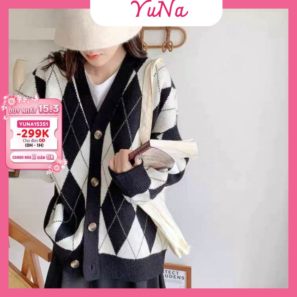 Áo khoác cardigan nữ Maikalông thỏ dáng rộng hoạ tiết kim cương siêu mịn phong cách Hàn Quốc, phụ kiện thời trang nữ YUN