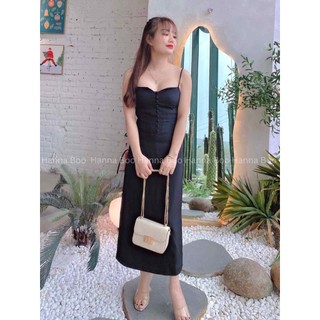 Váy hai dây ôm dáng suông màu đen cho nữ, Đầm 2 dây dáng dài xẻ ngực full size
