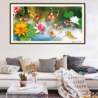 Tranh thêu chữ thập cá chép lý ngư vọng nguyệt 82cm x 75cm