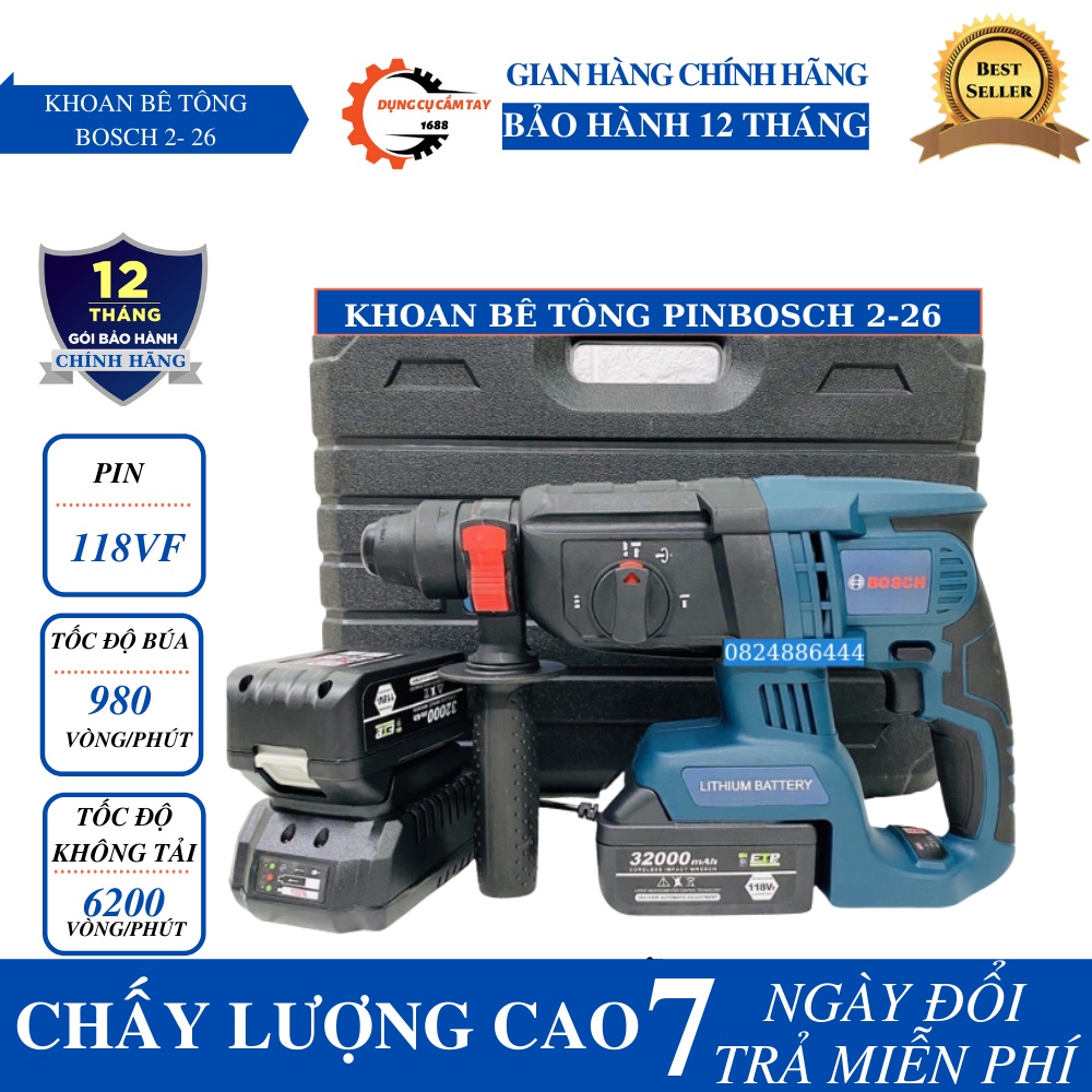 Máy Khoan Bê Tông Dùng Pin BOSH 118V 3 Chức Năng - Khoan Đục bê tông 3 chức năng cap cấp tặng kèm 5 mũi khoan đục