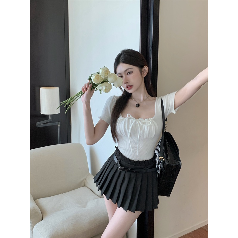 Lalisas Áo Thun Dệt Kim Ngắn Tay Thiết Kế Dây Rút Xếp Ly Thời Trang Hàn Quốc Cho Nữ