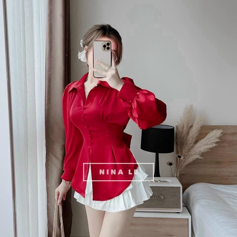 ÁO SƠ MI SATIN SIÊU HOT, ÁO SƠ MI LỤA TAY PHỒNG, ÁO KIỂU SƠ MI XẺ TÀ CỘT NƠ SAU SANG CHẢNH