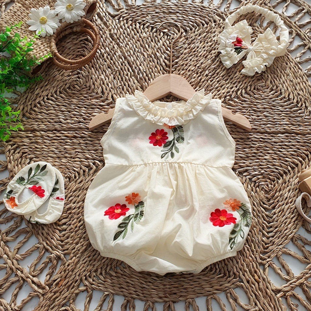 Body Cổ Bèo Phối Nơ Thêu Hoa Đỏ Tặng Kèm Giày Vải + Nơ Cài Tóc, Bodysuit Cho Bé từ 3kg Đến 13kg
