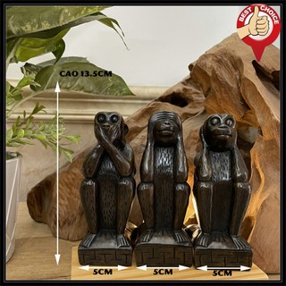 Bộ tượng đá trang trí tượng đá Bộ Ba Khỉ Tam Không Trang Trí Phong Thủy - Màu Nâu Đen - Cao 13.5cm