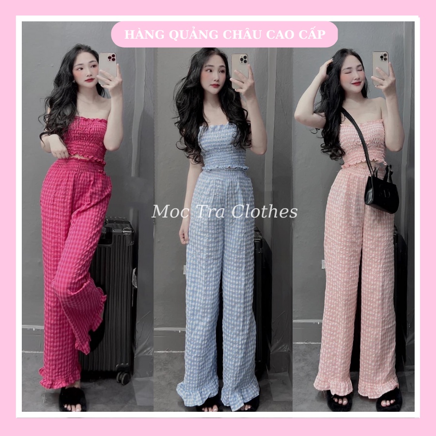 Set đồ nữ Quảng Châu thiết kế gồm áo quây chun và quần ống rộng siêu xinh, bộ đồ nữ mặc nhà đi biển rẻ đẹp trẻ trung
