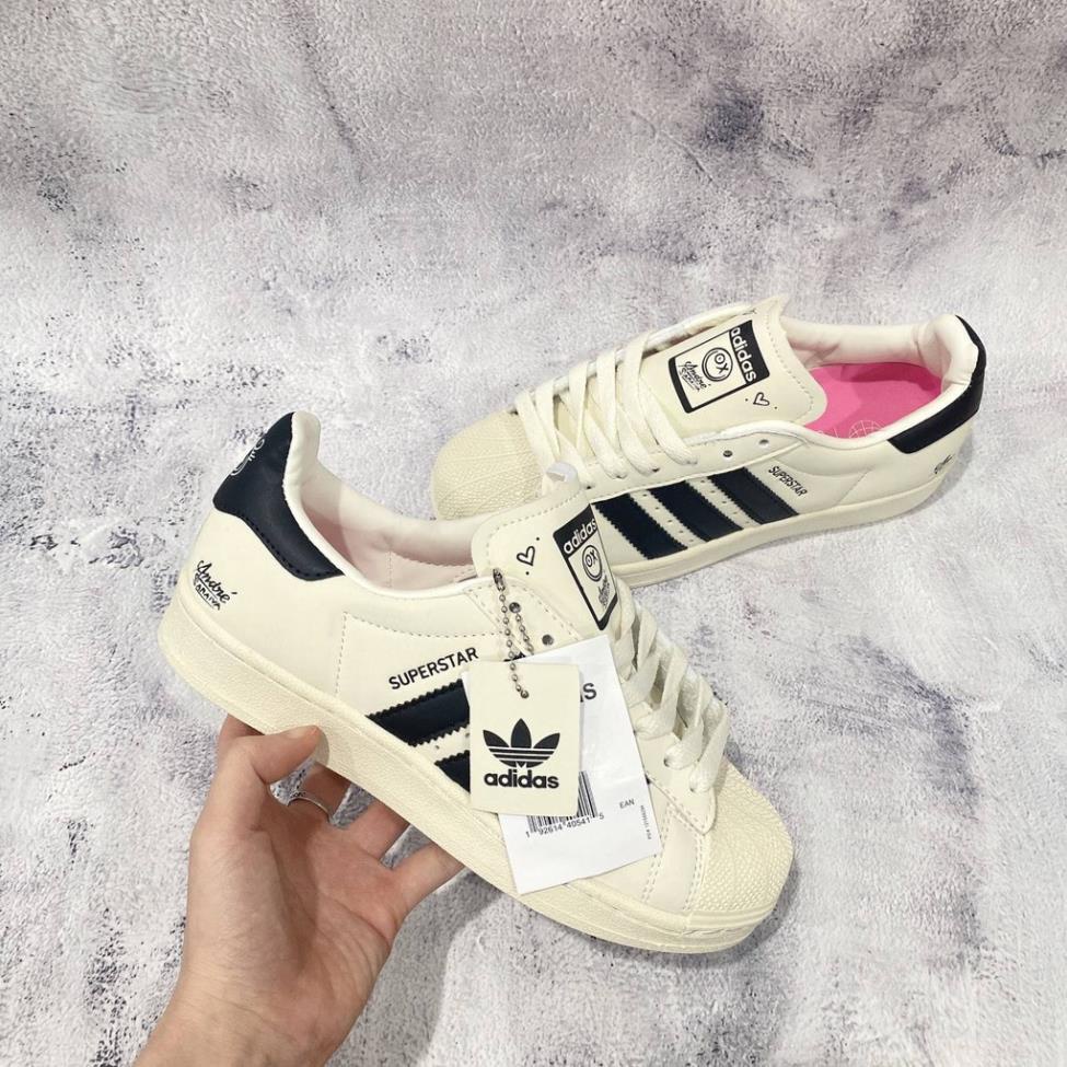 Giày adidas superstar mũi sò trắng kem lót hồng XO mới, giày das sò 3 vạch đen andre cao cấp full box bảo vệ