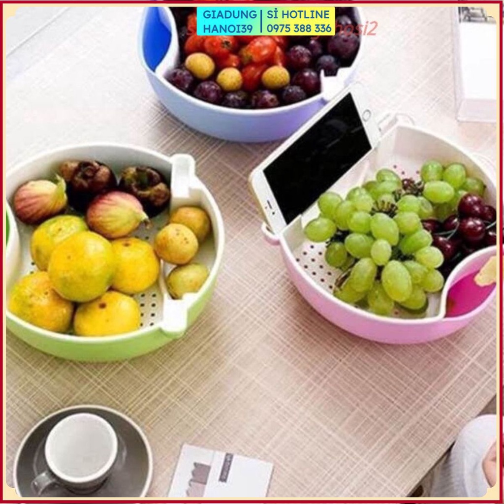 Rổ kèm thau rửa trái cây, Khay nhựa đựng đồ đa năng đồ ăn vặt chia ngăn kiêm giá đỡ điện thoại thông minh tiện lợi