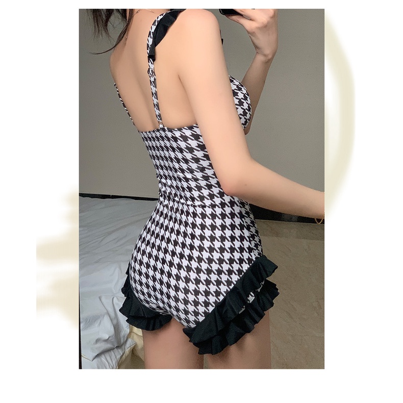 Bikini đi biển 2 dây 1 mảnh liền thân LUHAZO nơ ngực caro ziczac nhún bèo chiết eo tôn dáng che khuyết điểm 6851 B-11.1