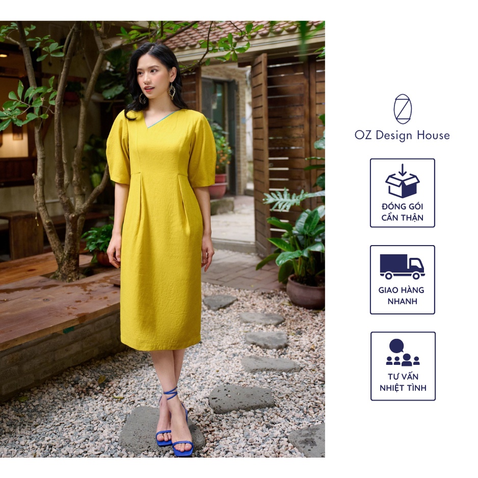 Đầm nữ OZ Design House DA06167SUM23 viscose cổ V lêch dáng eo tay lỡ vàng nắng