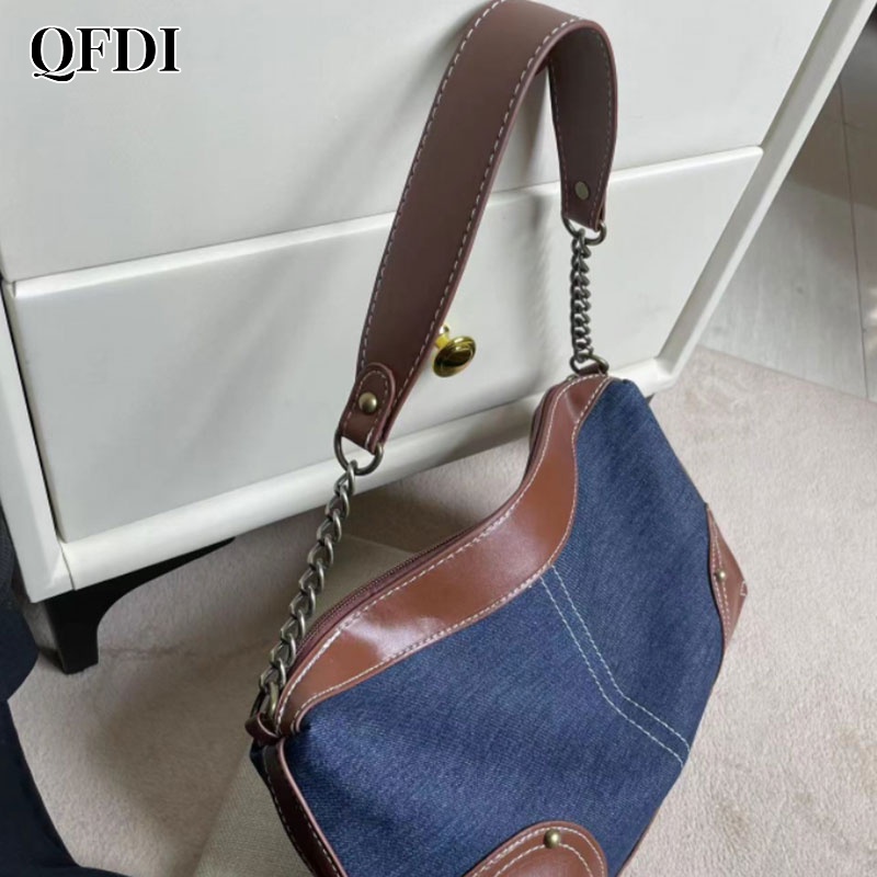 Túi xách denim đeo vai QFDI màu tương phản thời trang cao cấp cho nữ