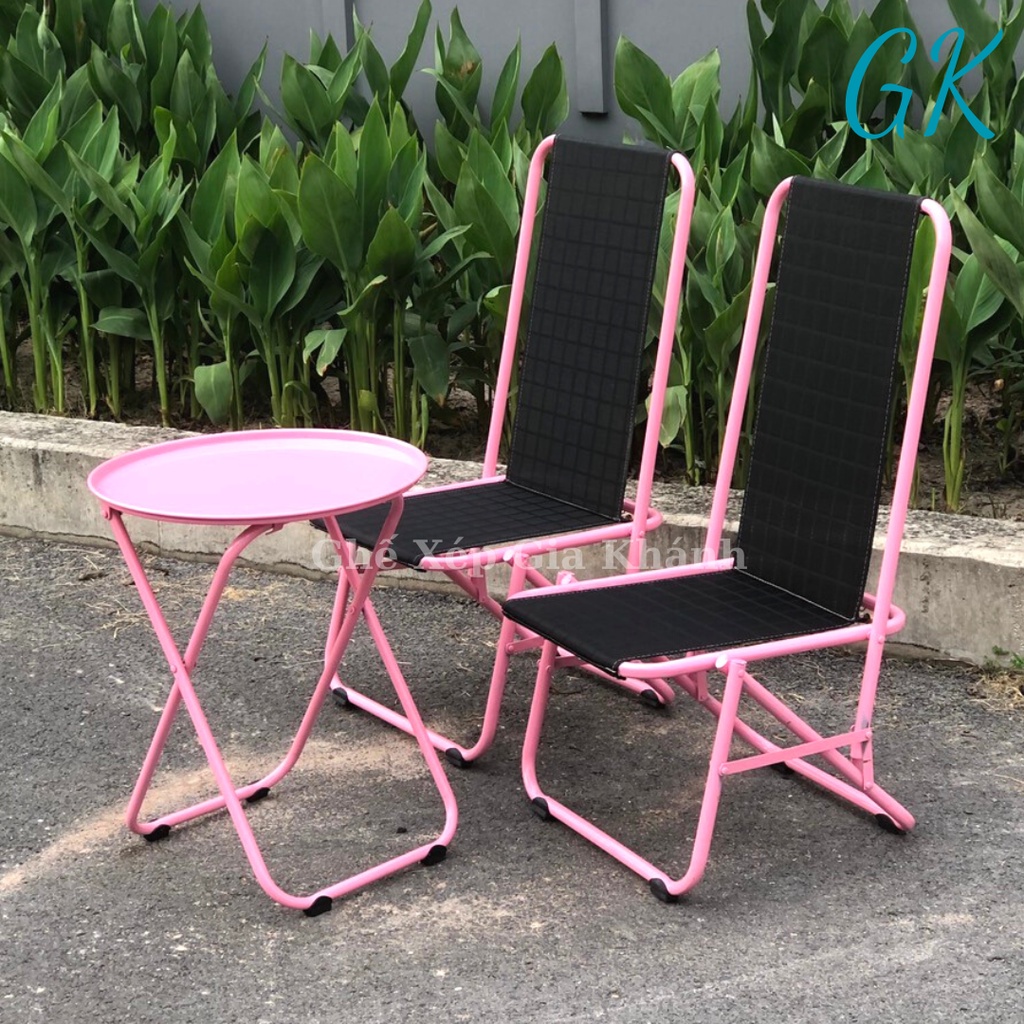 Bộ 2 ghế 1 bàn sắt màu hồng sơn tĩnh điện, tựa lưng cao và thấp, chịu tải 100kg, bảo hành 12 tháng