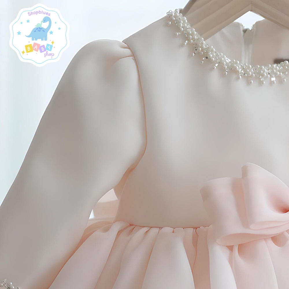 Váy công chúa bé gái SHOPBLUES tay dài màu trắng và hồng viền hạt cao cấp cho bé từ 0-12 tuổi