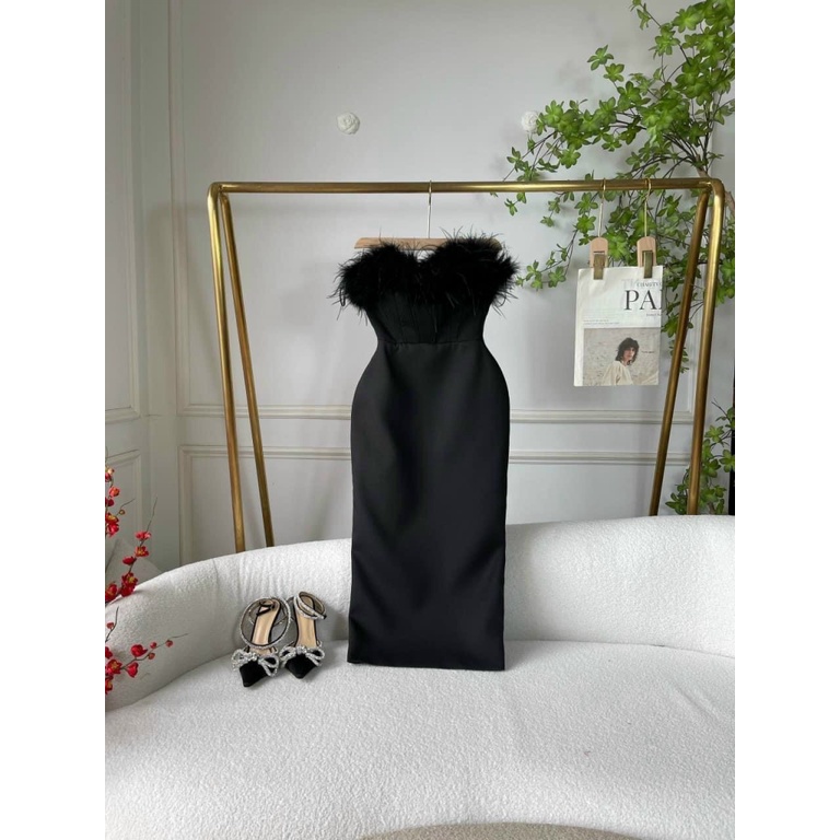 ĐẦM COTTON LẠNH PHỐI LÔNG HAI DÂY CÚP NGỰC ÔM BODY SIÊU SANG CHẢNH ĐI CHƠI DỰ TIỆC UP HighFashion
