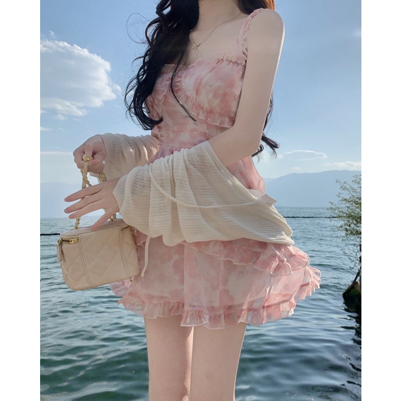 Lalisas set Đầm Dây Không Đều Thiết Kế Ngọt Ngào + Khăn Choàng Trắng Thời Trang Cho Nữ (Đặt Hàng)