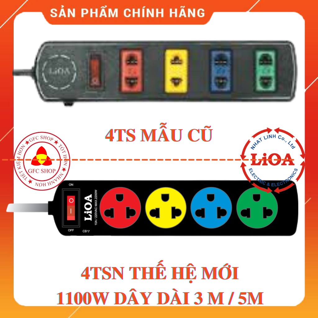 Ổ cắm điện LIOA 4 ổ có công tắc dây 3m hoặc 5m 1100W (4TS hoặc 4TSN) Màu đen - Thế hệ mới