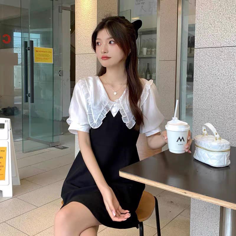 Váy Cổ Bèo Phối Tay Voan Ulzzang