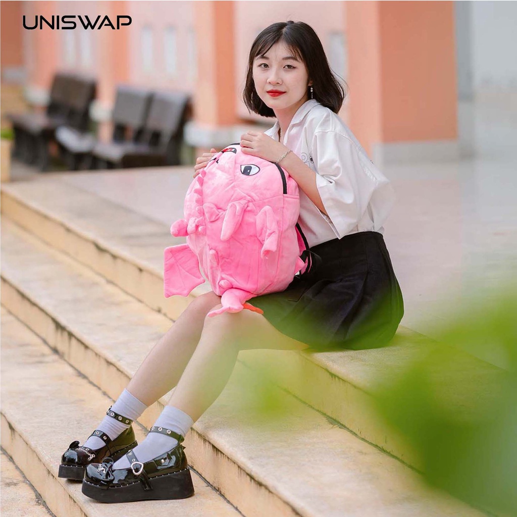 Balo hình rồng con răng sún vải nhung mịn êm siêu cute, balo vải 2 lớp nhiều màu cỡ trung