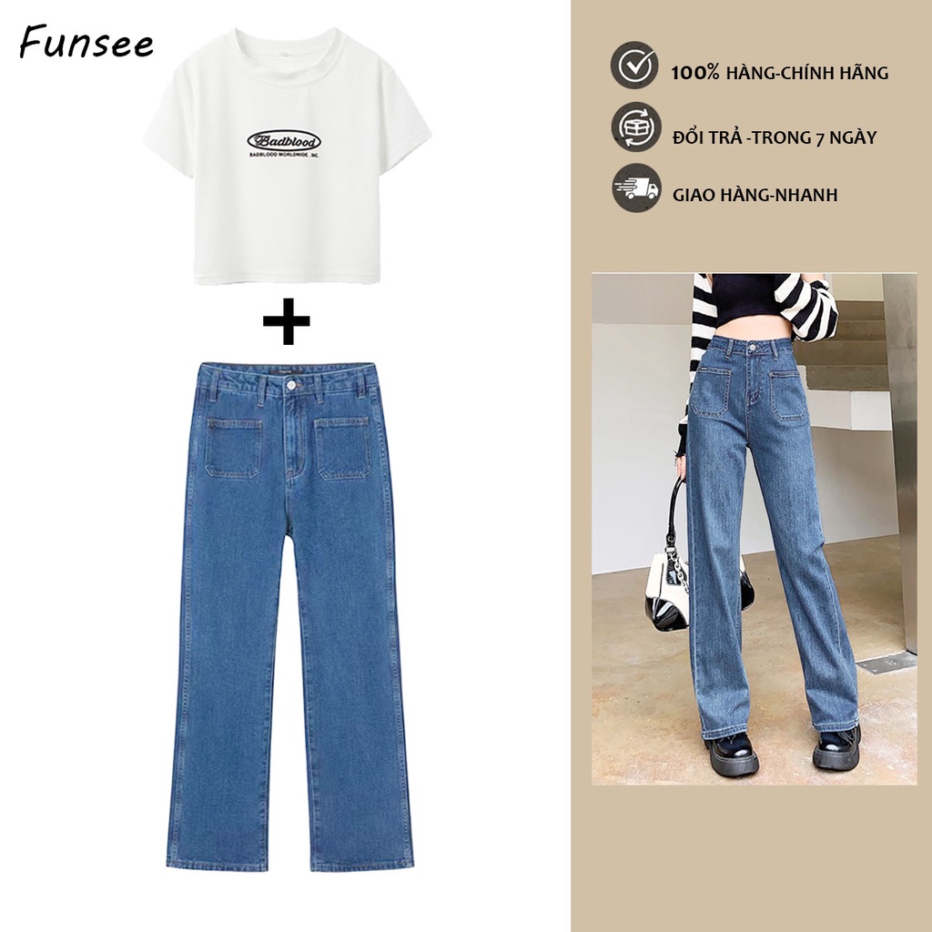 Set Áo Quần jean ống loe vừa , 2 cúc hai túi bầu quần bò ống loe lưng cao + Áo croptop ngực body sexy nữ đen trắng áo