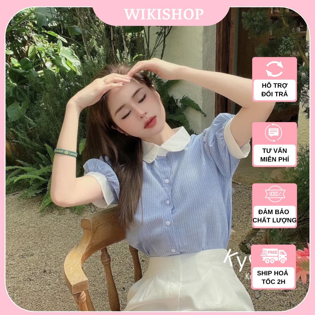 Áo sơ mi nữ kẻ xanh cổ trắng tay bồng freesize phom ôm công sở học sinh hàn quốc Wikishop c1408