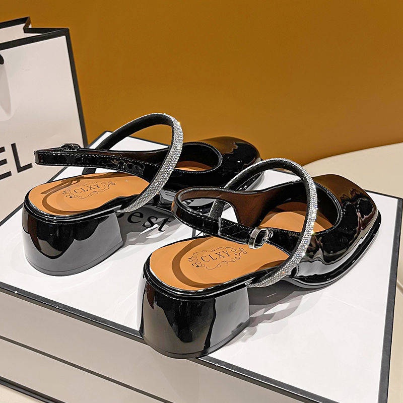 Giày cao gót gót thô rhinestone Giày Mary Jane