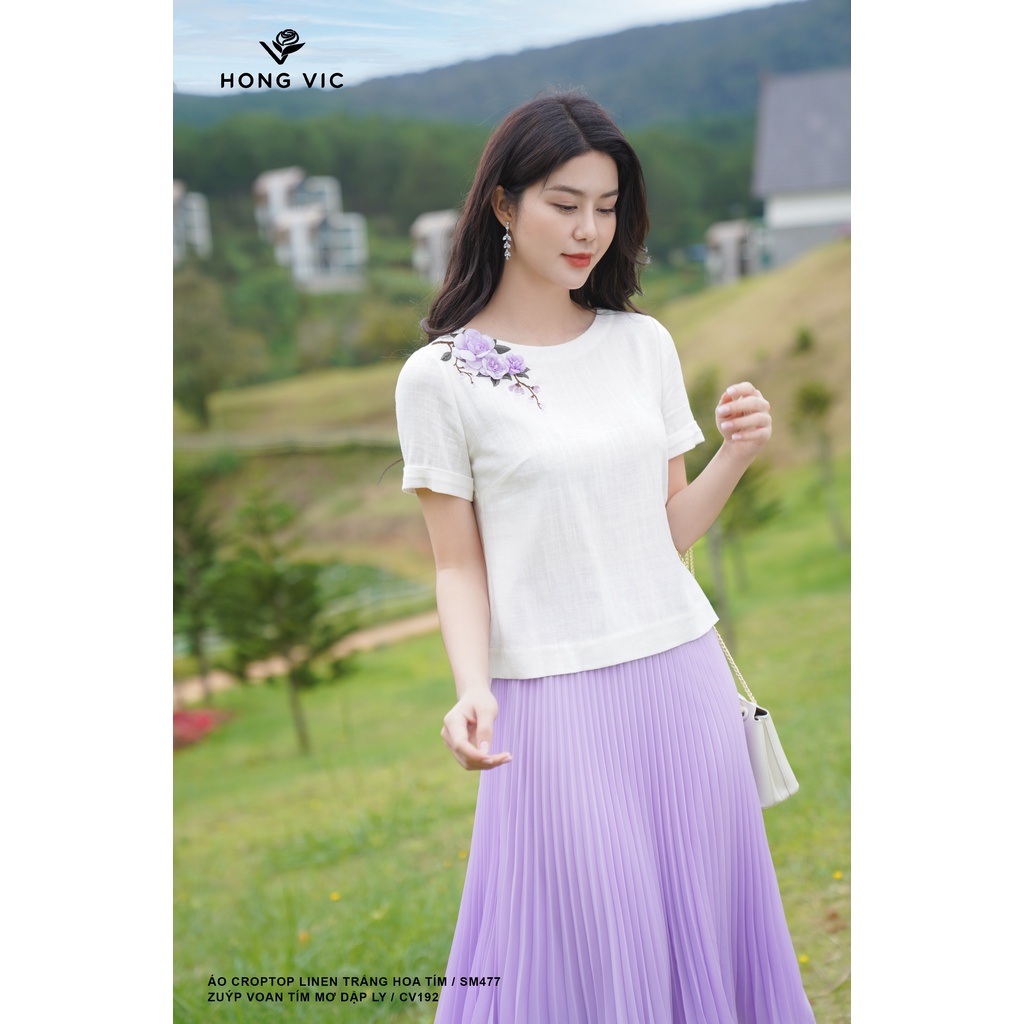 Áo croptop nữ thiết kế Hong Vic linen trắng hoa tím SM477