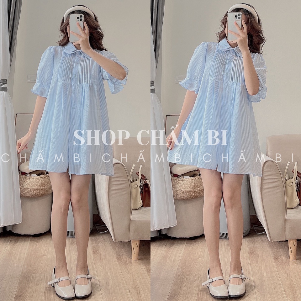 Áo váy babydoll nữ tay ngắn A.432, Áo váy form rộng cổ sen 2 tầng họa tiết kẻ xanh bánh bèo cực xinh - Shop Chấm Bi