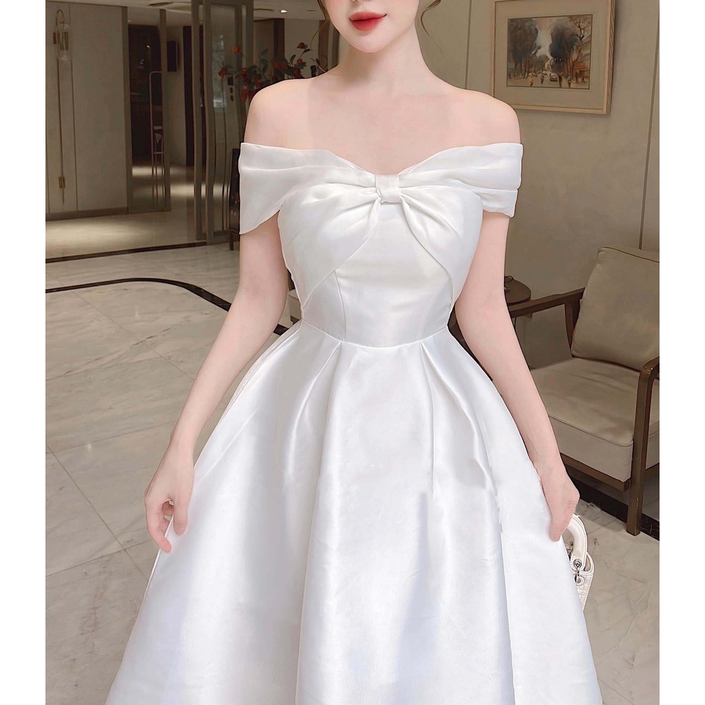 Đầm Dự Tiệc Thaingashop Đầm Dự Tiệc Trễ Vai Phối Nơ Fina Dress D0658