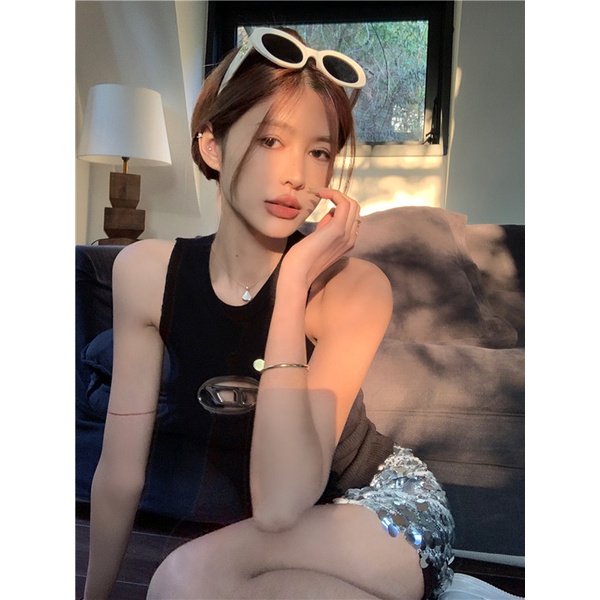 QADCOL Áo Len Cổ Thuyền Không Tay Màu Đen Thời Trang Xuân Hè Cho Nữ