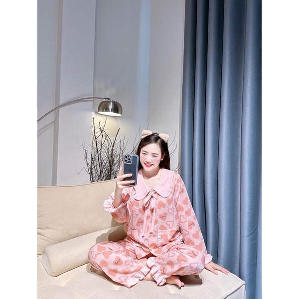 Tiệm nhà Mia - Bộ ngủ pyjama cô gái hồng chất lụa latin mịn 2 mặt