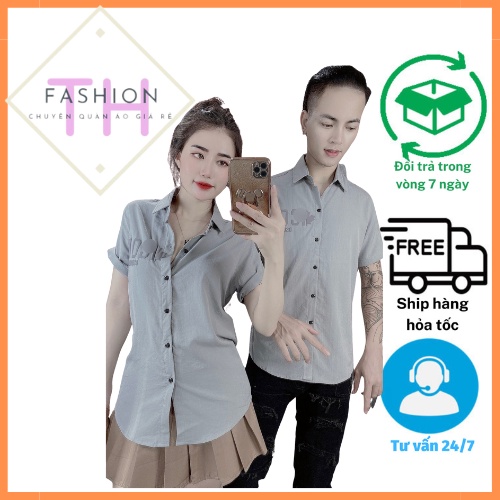 Áo sơ đũi cặp đôi nam nữ ngắn tay có chữ ICON nhỏ cực chất