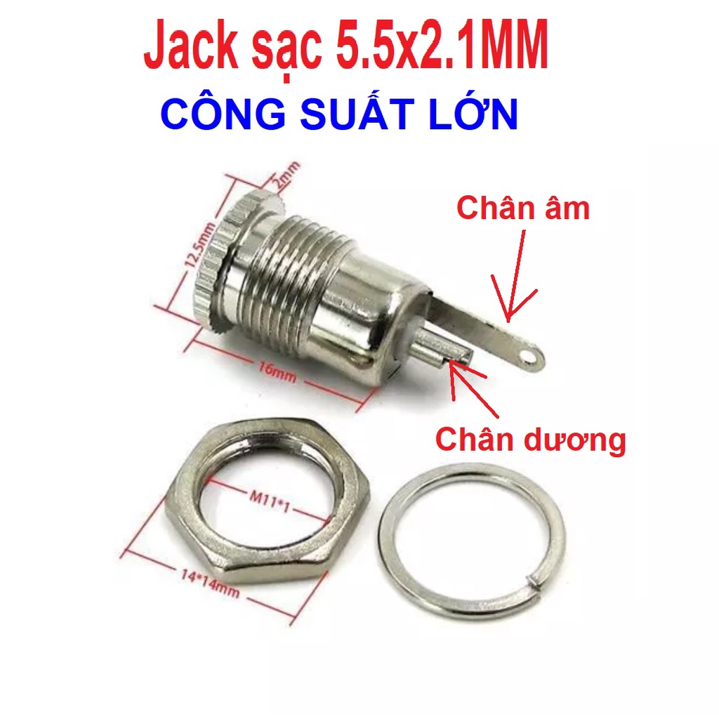 Jack Cái công suất lớn 5.5x2.1mm. Chịu tải cực cao, chuyên dùng làm jack sạc pin cho bình acquy Lithium. Jack cái DC-099