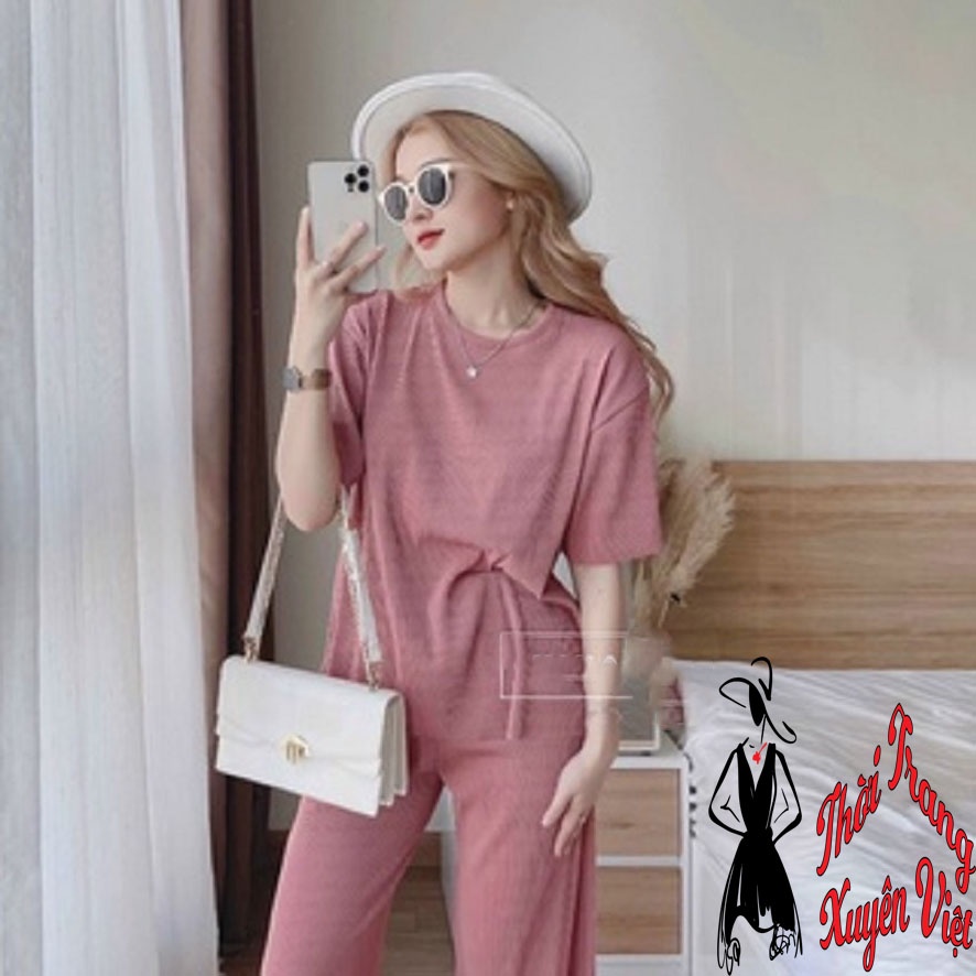 Set bộ len tăm trơn quần dài ống rộng xuông áo trễ vai mẩu sang chảnh dc làm từ vải thun len tăm 4chieu mềm mịn