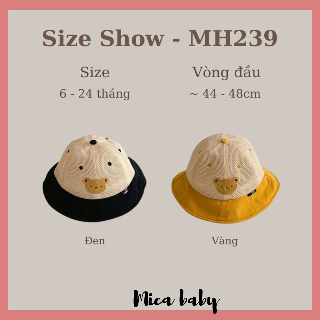 Mũ tai bèo trẻ em, mũ lưới thoáng thêu hình gấu đáng yêu cho bé MH239 Mica baby