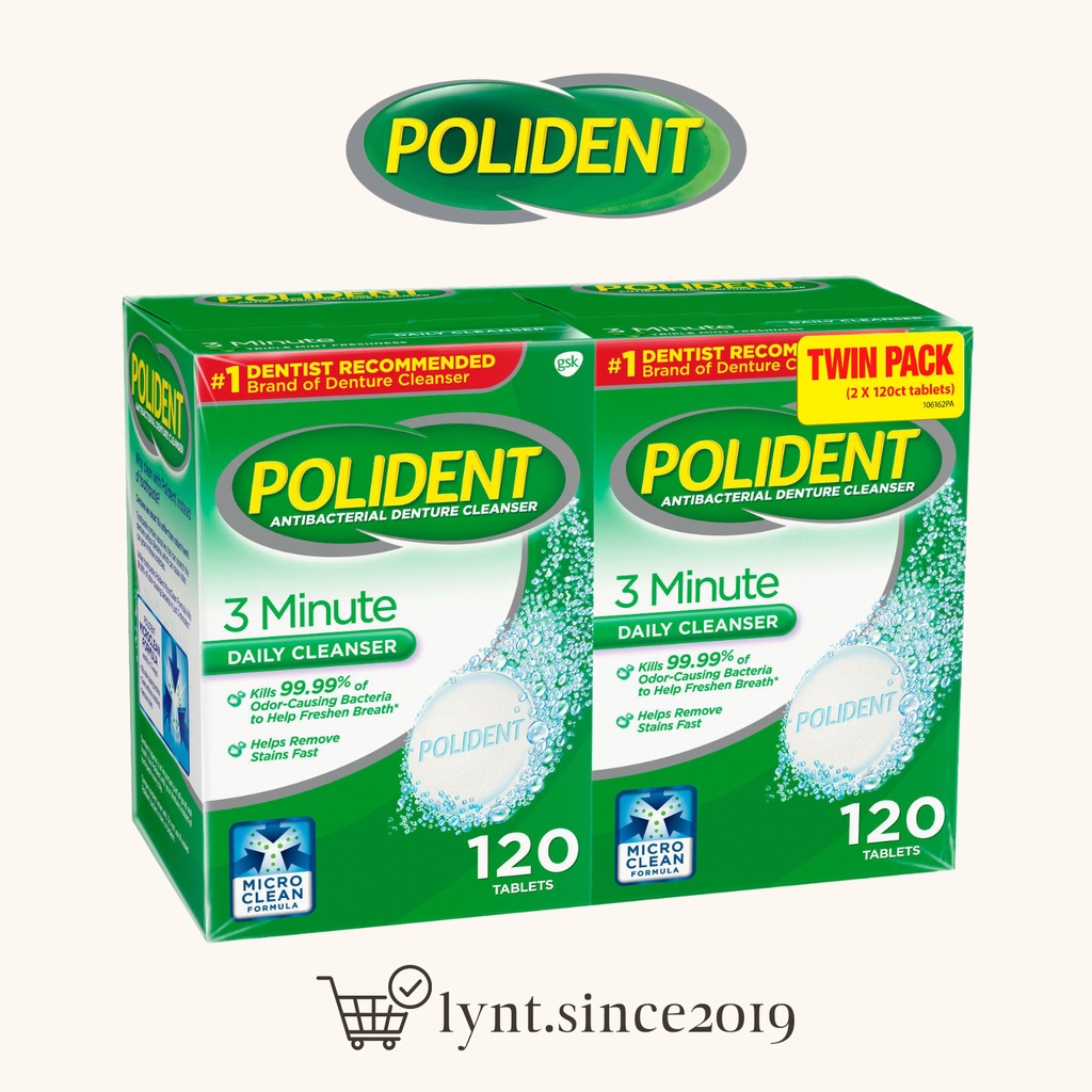 Viên sủi ngâm làm sạch và vệ sinh răng giả, khay chỉnh nha Polident 3 Minute Daily Cleanser - Hộp 120 viên