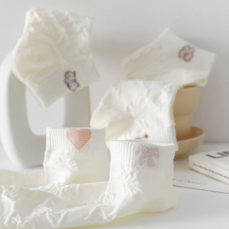 Vớ FHYL cotton cổ thấp màu trắng in họa tiết hoạt hình phong cách Nhật Bản dễ thương thời trang xuân hè dành cho nữ