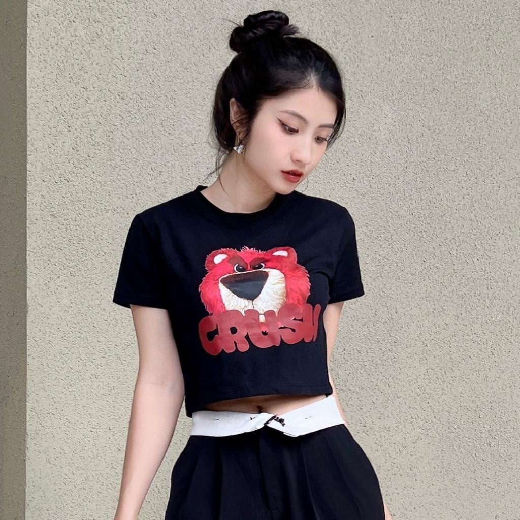 Áo croptop nữ ngắn tay in hoạ tiết Gấu dâu Xquin, Áo kiểu nữ ngắn tay cổ tròn phong cách Hàn Quốc