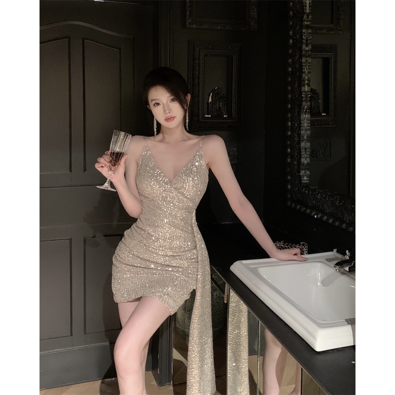 Váy body nhũ vạt eo siêu sang hàng chuẩn Quảng Châu