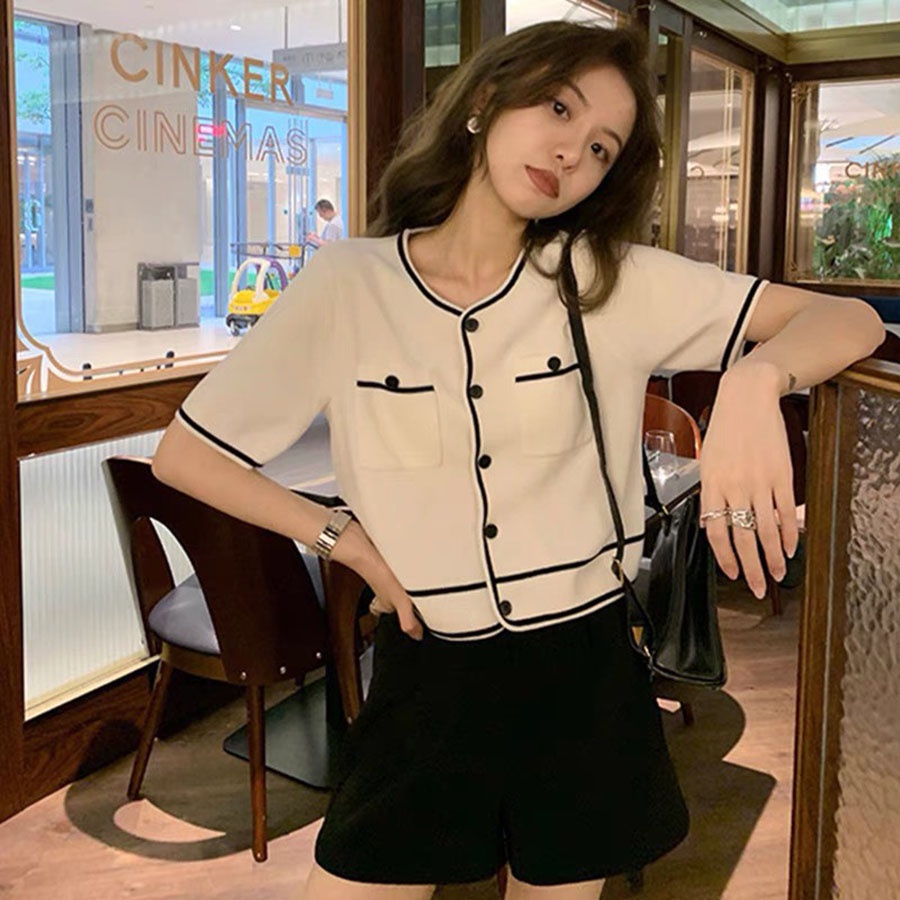 Áo Dạ Tweed Croptop Ngắn Tay Cổ Tròn Viền Đen Phong Cách Hàn Quốc M2888 - Lolla Fashion