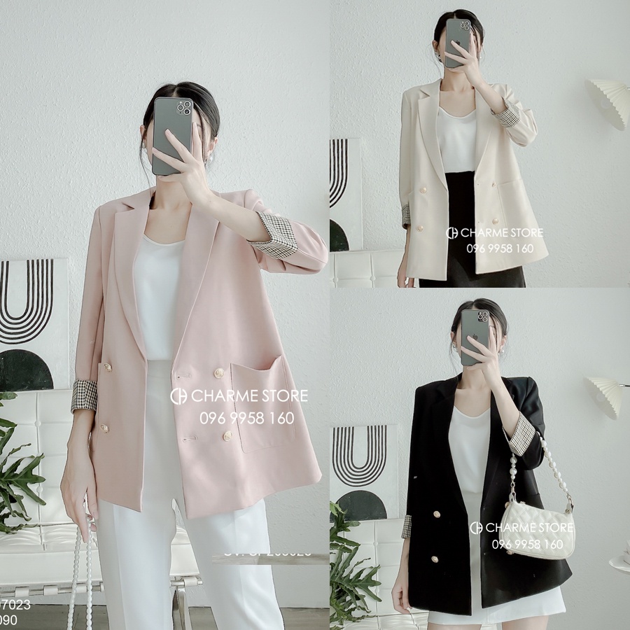 Áo Vest, Áo Blazer Nữ Tay Lửng Phối Kẻ Caro Có Đệm Vai Thiết Kế Charme 207023