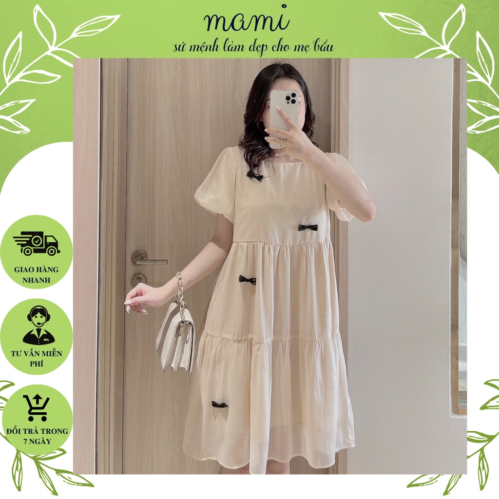 Váy bầu, đầm bầu thiết kế 2 lớp mami dáng suông 3 tầng điểm nơ đen nổi chất liệu tơ cao câp size 40-80kg