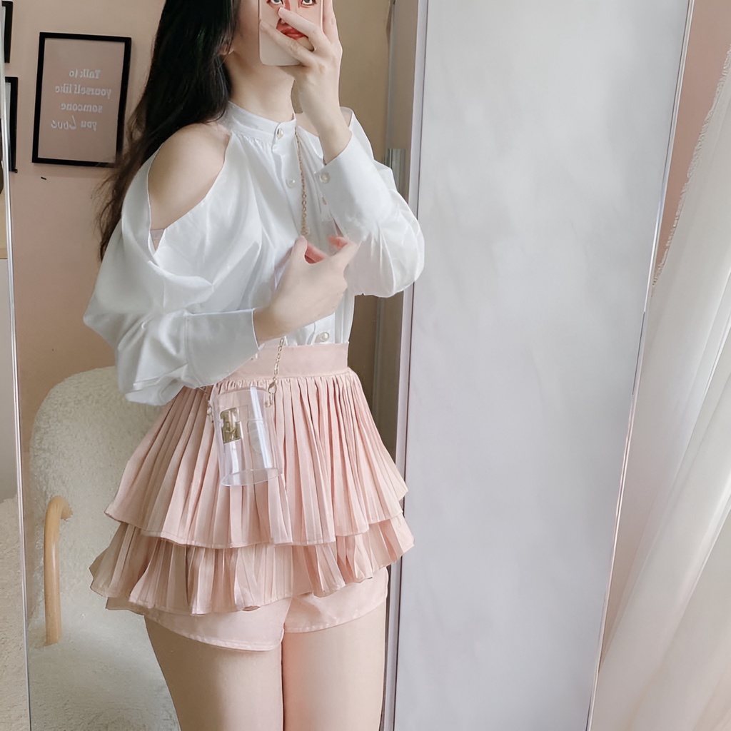 Áo sơ mi nữ tay dài nút ngọc khoét vai tiểu thơ vải chéo ý MÃ QL21